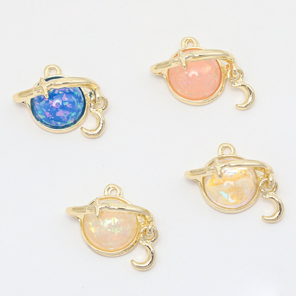 即日発送！宇宙チャーム ドーム型 星 惑星 揺れる三日月付き 半面 キラキラ メタルチャーム 約16×17mm..