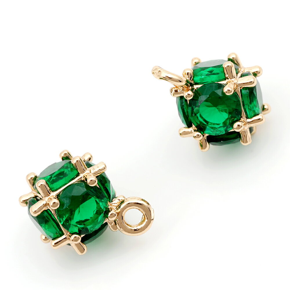 高品質ガラスチャーム 球体 カン付き 8×10mm ゴールド グリーン 2個