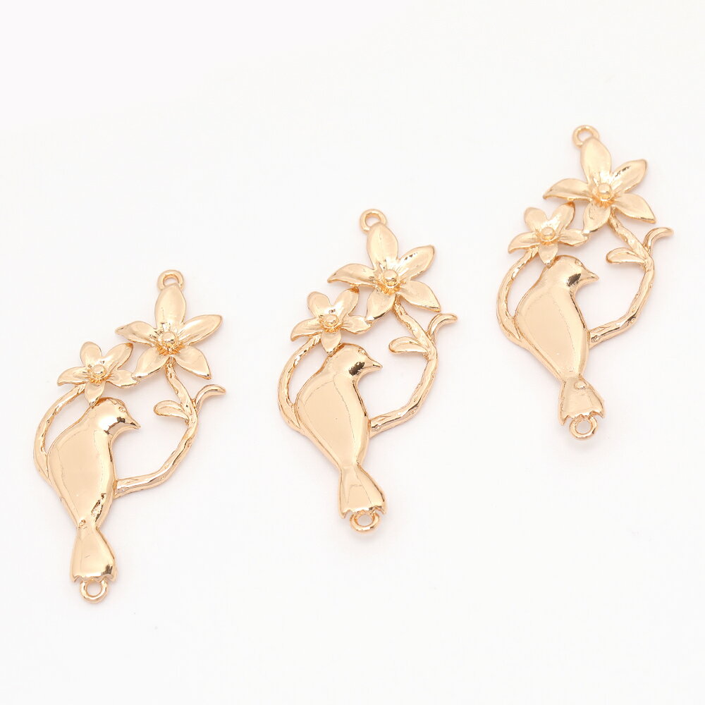 即日発送！コネクターチャーム 花と鳥 2カン付き約 13×32mm ゴールドデザイン新作品ハンドメイド素材手..