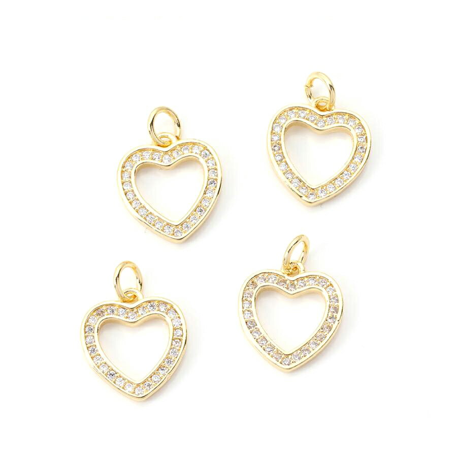 即日発送！高品質ジルコニアチャーム ハート型 ゴールド 12×14mm（1ヶ）