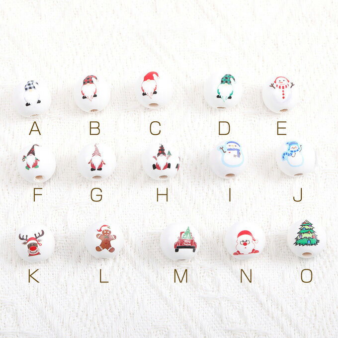 即日発送！クリスマスウッドビーズ ラウンドウッドビーズ クリスマスモチーフ 丸玉 縦穴あり 15mm