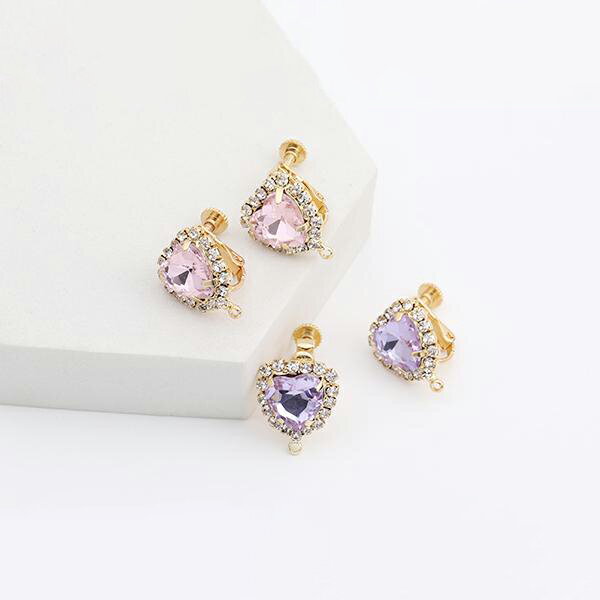 即日発送！デザインイヤリング ガラスストーン付きイヤリング ハート型 カン付き 14×17mm ゴールド（2..