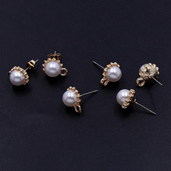 即日発送！カスタムパールピアス カン付 10×13mm ホワイト＆ゴールド（4ヶ）