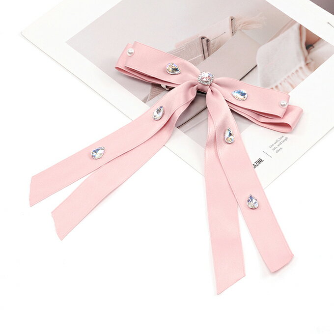 即日発送！リボンバレッタ ヘアバレッタ ヘアアクセサリー パールとラインストーン付き ピンク（1ヶ）