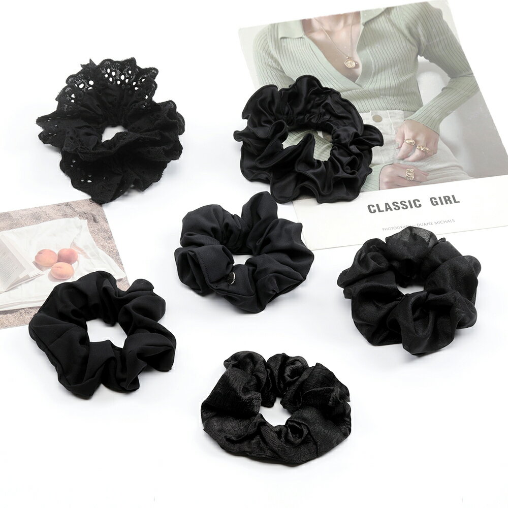 即日発送！シュシュ ブラック系 使いやすいデザイン 通勤 通学 おでかけ ヘアアレンジ ヘアゴム 髪飾り ヘアアクセサリー（1個）