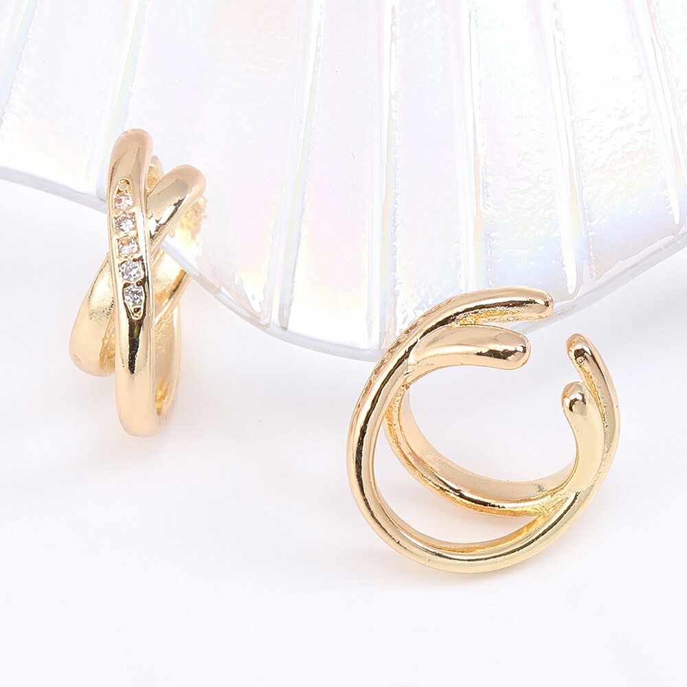 即日発送！イヤーカフ ダブルリング 2連リング ジルコニアストーン付き 耳穴要らないイヤリング 簡単装着 片耳用 13×15mm（1ヶ）