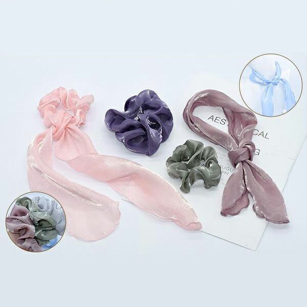 即日発送！リボンシュシュ&シュシュ ヘアアクセサリー ヘアゴム オーガンジー素材【2個セット】
