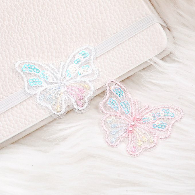 即日発送！蝶刺繍パーツ 蝶モチーフ スパンコール パール装飾 レース素材 バタフライ刺繍