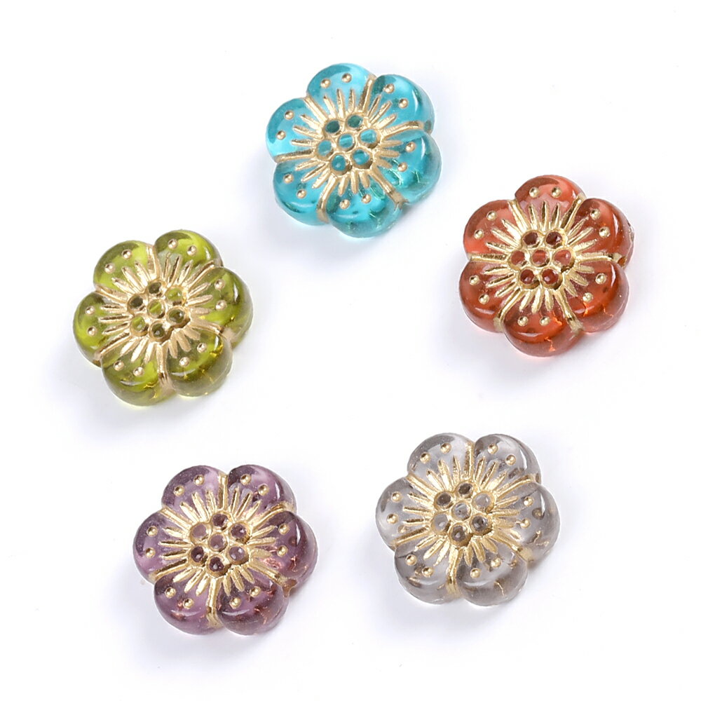 即日発送！格安！アンティーク調ビーズ ゴールドライン入り チェコビーズ風 アクリルビーズ フラワー ハンドメイドアクセサリービーズ タテ穴 約12mm（25ヶ入り）1グリーン