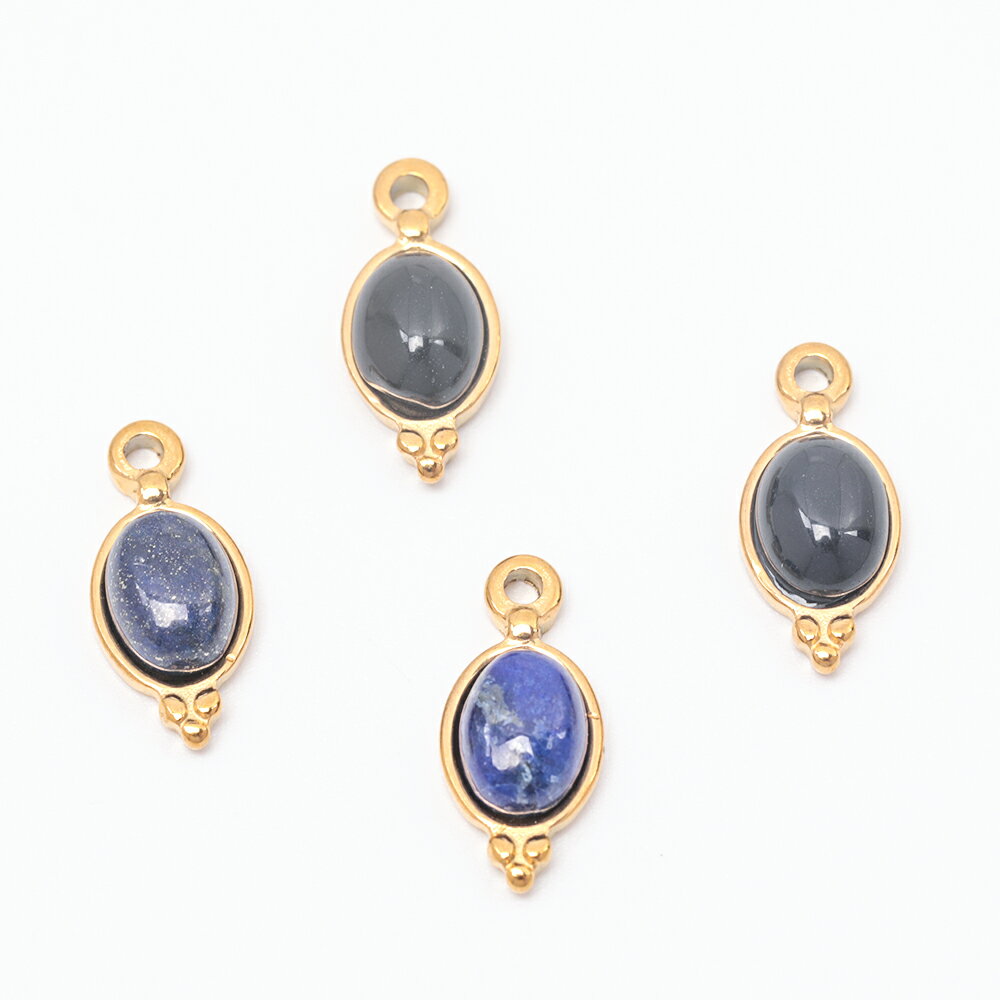 即日発送！ステンレス製天然石チャーム 高品質 メタルチャーム オーバル 電気メッキ加工 SUS304 半貴石..