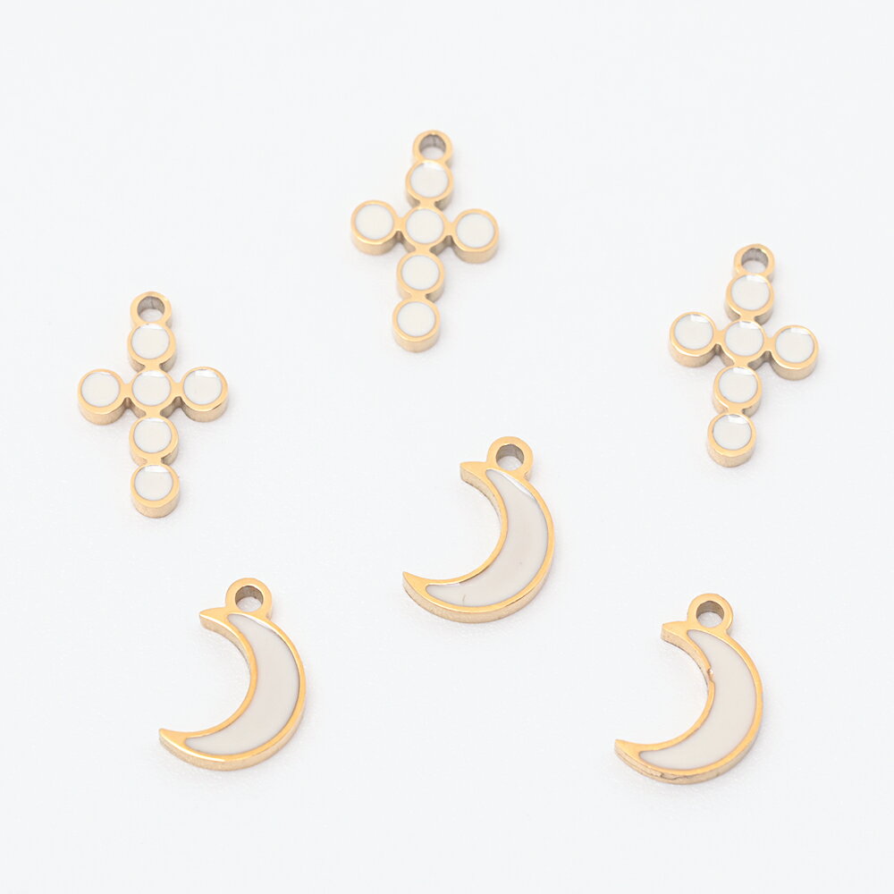 即日発送！ステンレス製エポチャーム 三日月 十字架 高品質 メタルチャーム 電気メッキ加工 SUS304 全2種（1ヶ）