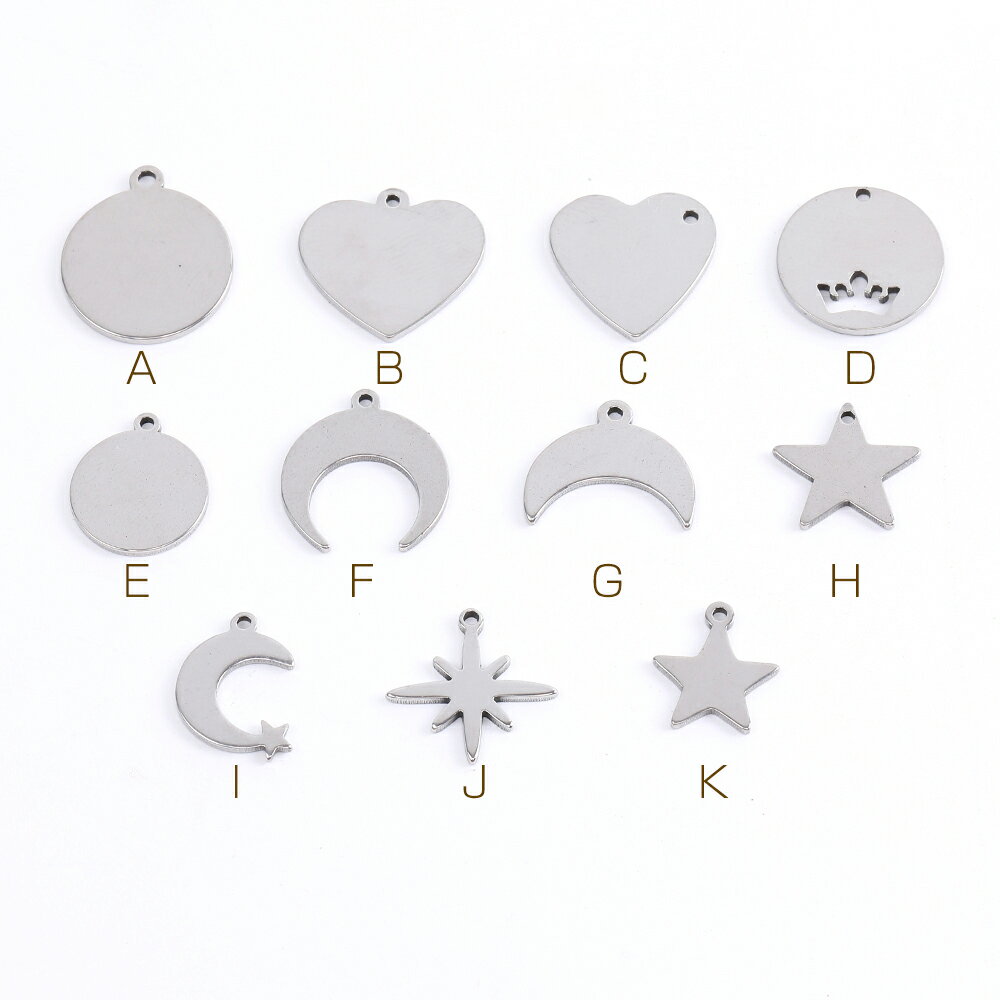 即日発送！ステンレス製 メタルチャーム ラウンド ハート型 月型 星形 全11種