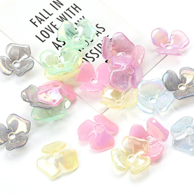 即日発送！立体フラワーパーツ アクリルビーズキャップ フラワーチャーム 花座 小花パーツ 三弁花 中心穴あり オーロラカラー ミックスカラー 20mm（20ヶ）