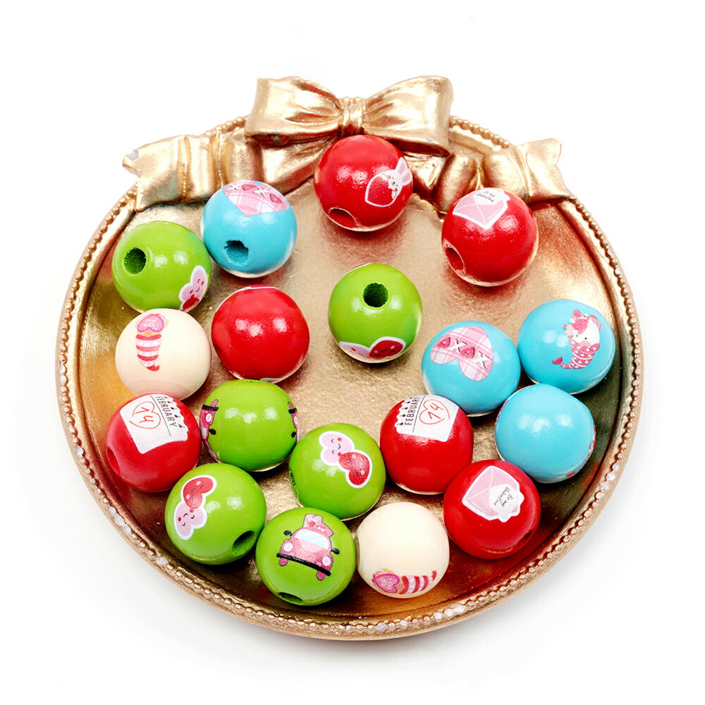 即日発送！ウッドビーズ 丸玉 バレンタイン ハート 縦穴あり ラウンドウッドビーズ 約16mm 穴約4mm（ランダム10ヶ）