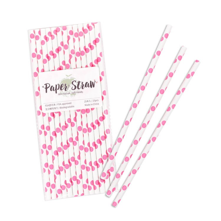 ペーパーストロー 紙ストロー [ストロベリー ドット] 25本入 / Paper Straws Strawberry Polka Dot 25pcs