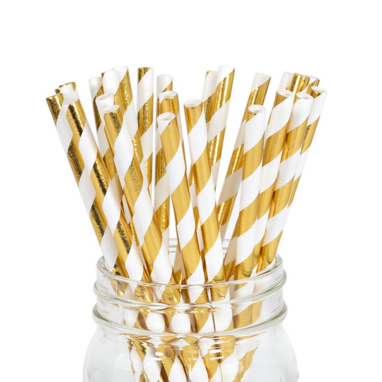 ペーパーストロー 紙ストロー  25本入 / Paper Straws Gold Metallic Stripe 25pcs