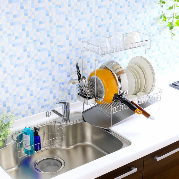 ステンレス 頑丈 2段水切りラック ワイド 横置き 燕三条製　左・右どちらでも設置可能！水切りラック 水切りかご 水切りカゴ 水切りバスケット 水切り 2段 シンク 省スペース 大容量 ステン 皿 カトラリー 日本製 川口工器