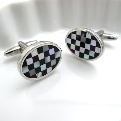 BASIC5000シリーズ GINGHAMCHECK M.O.P.&ONYX CUFFLINKS ギンガムオニキス シェルカフス 【カフスボタン　カフリンク…