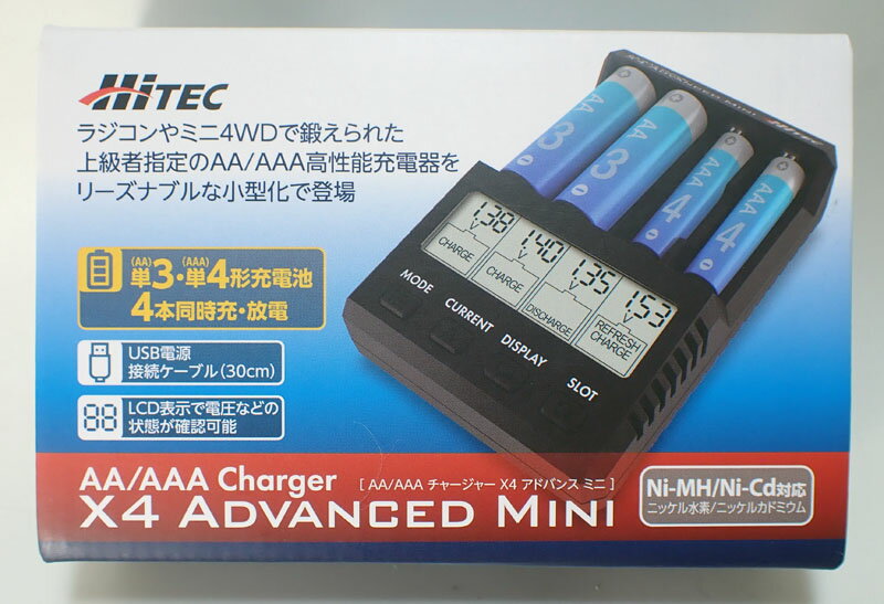 AA/AAA Charger X4 Advanced Mini（ブラック）【HITEC 単三・単四Ni-cd、Ni-MH充電池 充・放電器 44293-B】 充電器では世界最高峰の技術レベルを誇るHitecのノウハウをすべて投入！ クラス初、電池のパンチ力が見える内部抵抗測定機能を装備、電池の真の実力が分かります。 お手持ちの電池の実力を極限まで引出し、走りを変えます！単3・単4形 充電池4本同時充・放電 セット内容 ※X4 Advanced Mini 本体、USB電源接続ケーブル、日本語説明書 ※ 充電池・USB電源アダプタは含まれておりません。