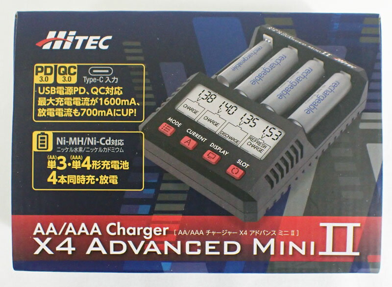 ミニ四駆 AA/AAA チャージャー X4 アドバンス ミニ2　Charger X4 Advanced Mini2 充電器 44324 急速充電、放電、リフレッシュ、内部抵抗測定、電池放熱性が進化 USB電源PD、QC対応　最大充電電流が1600mA、放電電流も700mAにUP！ 電池を活かす自動充電電流調整機能（クラス初搭載） 充電・放電電流値が細かく設定可能 使用中のバッテリー放熱性を改善 新ファームウェアで処理速度を向上、スピーディな反応の操作性を実現 休眠中の電池を起こし復活させるリフレッシュモード搭載 セット内容：X4 Advanced Mini2本体、USB電源接続ケーブル、日本語説明書 ※ 充電池・USB電源アダプタは含まれておりません。 ※製品の仕様・外観・価格などは製品改良のため、予告なく変更になる場合がありますのでご了承下さい。