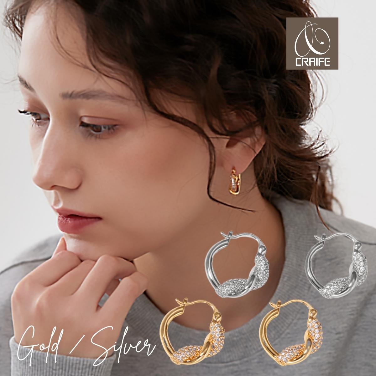 【P10倍+最大30%OFFクーポン配布中】 ピアス ジルコニア メタル ツイスト 両耳セット 金属アレルギー対応 14K コーティング ニッケルフリー フープ...