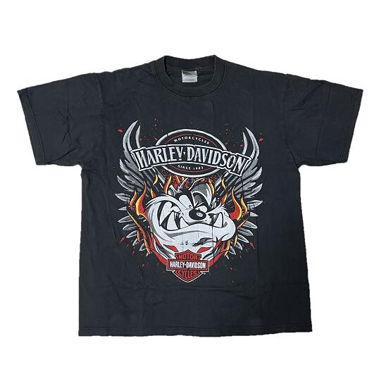 Rakuten - Harley-Davidson×Looney Tunes ハーレーダビッドソン ルーニーテューンズ コラボ Tシャツ XL 黒 半袖｜バイカー キャラT バッグスバニー タズ バンドT メンズ 両面プリント 人気 希少 ストリート デザイン 注目 コレクターズアイテム