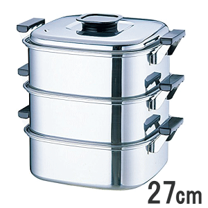 ◎桃印18-0ステンレス角型蒸し器 3段 27cm 2升用 IH100/200V・ガス火対応025000360,549-10_ET 二重 角蒸し器 電磁調理器 120サイズ
