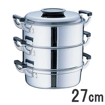 ≪IH・ガス火対応≫桃印 18-0ステン丸型蒸し器 3段27cm 2.0升用 025000520,549-11 二重 丸蒸し器 電磁調理器　120サイズ