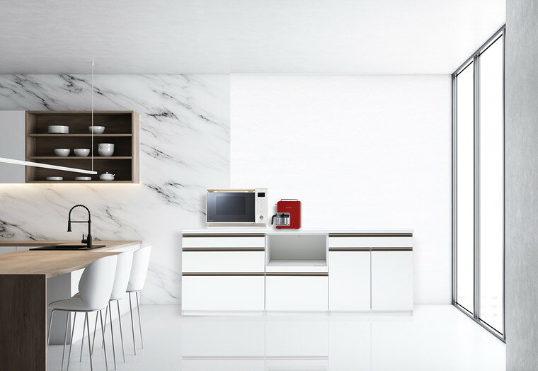 【自社製造商品/開梱設置送料無料】 RB キッチンカウンター 幅220cm キッチンカウンター 220幅 レンジ台 完成品 大型レンジ対応 ホワイト 国産 大川家具 日本製 ハイカウンター ハイグロス [2]