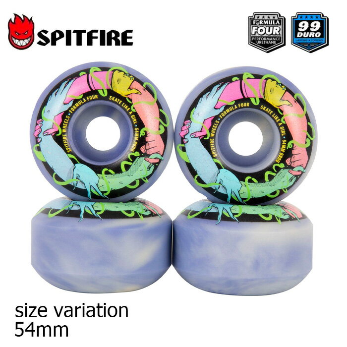 ■商品名　：SPITFIRE F4 CLASSIC 99D FRIENDS OF SKATE LIKE A GIRL ■定価　　：8,250円 (税込) ■サイズ　：54mm ■硬さ　　：99DURO ■シェイプ：CLASSIC SHAPE ■セット　：4個1セット ■商品紹介： 安定性、グリップ力、スピードの面で他のブランドの追随を許さない SPITFIRE FORMULA FOUR スピットファイヤー フォーミュラフォー スピットファイヤー定番の型であるCLASSIC。 絶妙なシェイプ型で癖のないグリップとスライド性を実現。 長年に渡ってスケーターに愛されているウィールになります。