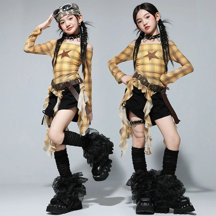 青 黄色 チア チアガール キッズ ダンス 衣装 チェック柄 長袖 子供 女の子 セットアップ トップス カーゴパンツ デニムパンツ スカート