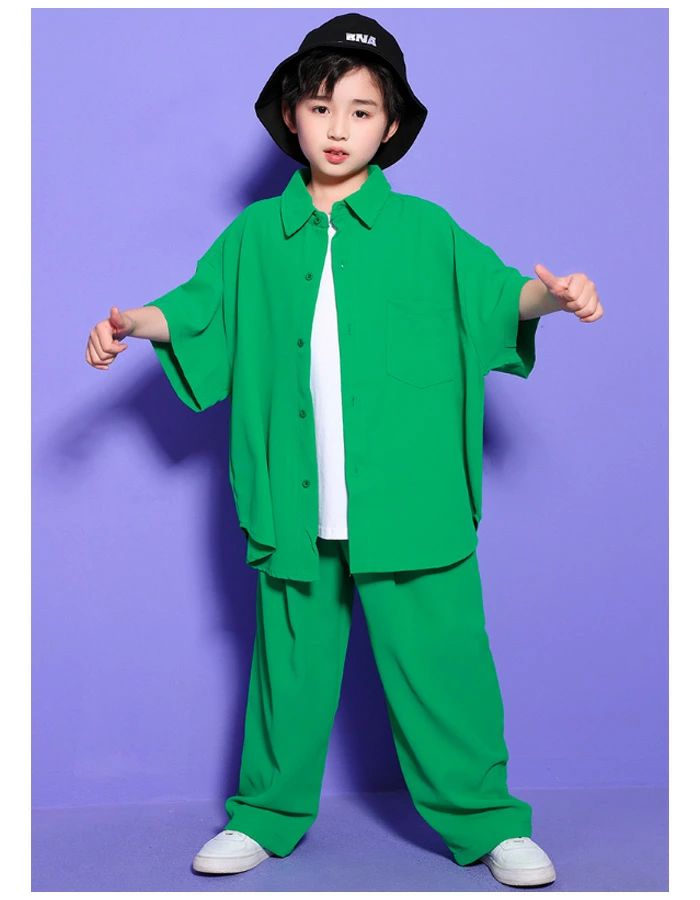 キッズ ダンス 緑 シャツ 男女兼用 ダンスウエア hiphop K-pop イベント ダンスチーム 女の子 白いベス 半袖シャツ 男の子