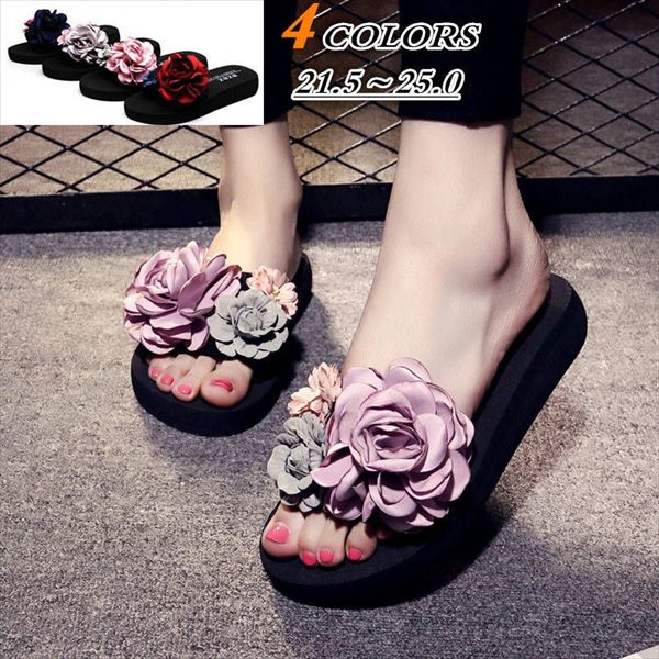 サンダル 厚底 ビーチ ミュール ウェッジソール 花 手作り品 厚底 レディース かかとなし 歩きやすい コンフォート 海 プール 美脚 安定感 サマー 夏【21.5〜25.0】 紫 ワインレッド 紺 グレー di097l2l2x1