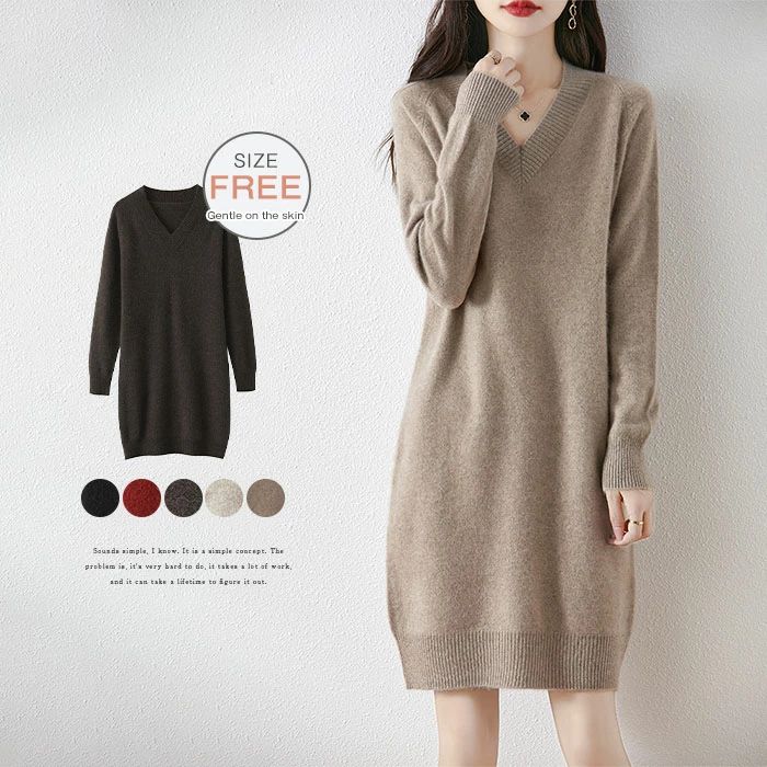 膝丈 冬 レディース ワンピース 無地 ニット ミデ 春 秋 Vネック