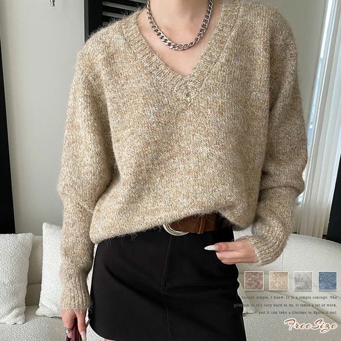 Vネック 長袖 春 レディース 無地 ニットセーター プルオーバー