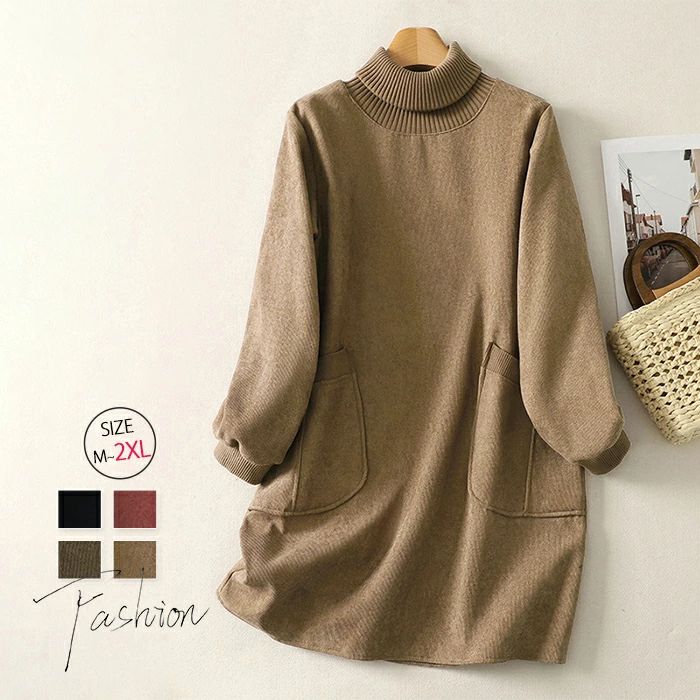 厚手 膝丈 ニット 裏起毛 レディース ワンピース タートルネック