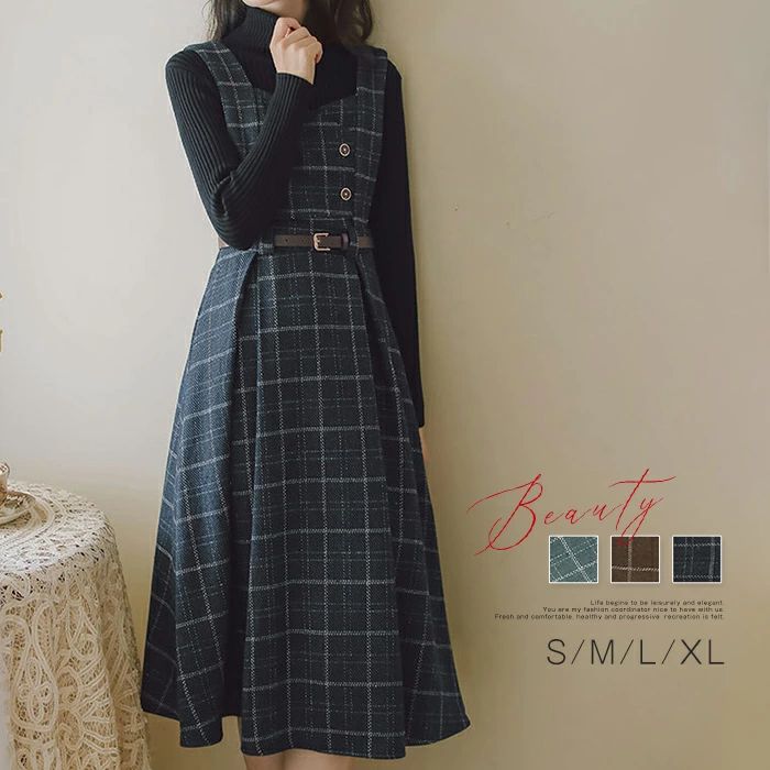 ジャンパースカート チェック柄 春 秋冬 可愛い フレアワンピー