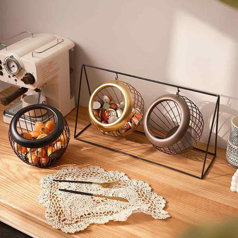 フルーツバスケット アイアン 吊り下げ収納ラック リビングルーム スナック収納 平底 ゴールド ブラック コーヒー