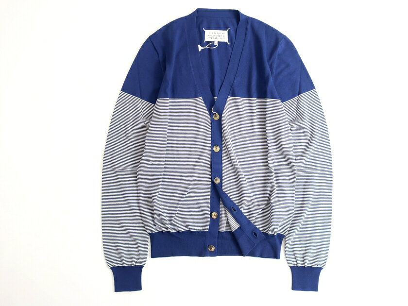 Maison Margiela メゾン マルジェラ ルーマニア製 SS18 ボーダー柄 コットンニット Vネック カーディガン M-01/L-02 ホワイト×ブルー▲141▼91009t03