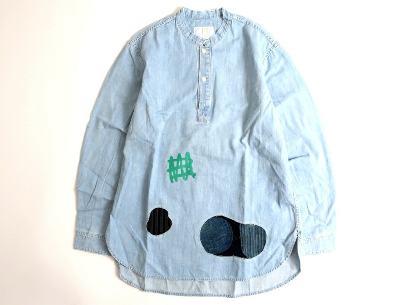 KUON クオン 襤褸 インディゴ染め 刺し子 ボロ スタンドカラー プルオーバーシャツ ブルー S ▲050▼9042..