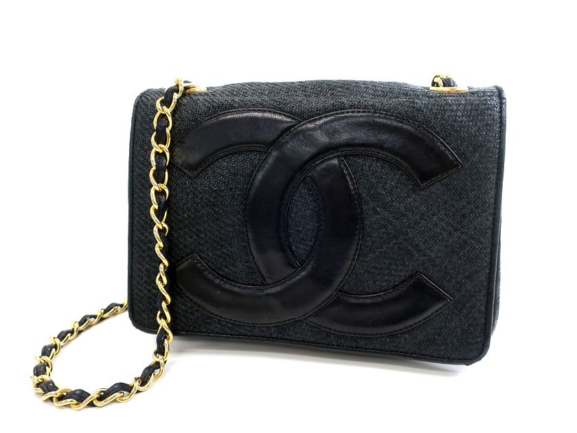 中古 ■CHANEL シャネル イタリア製 ストロー レザーパイピング チェーン ショルダーバッグ 鞄 0894387 ブラック ▲▼20802k01