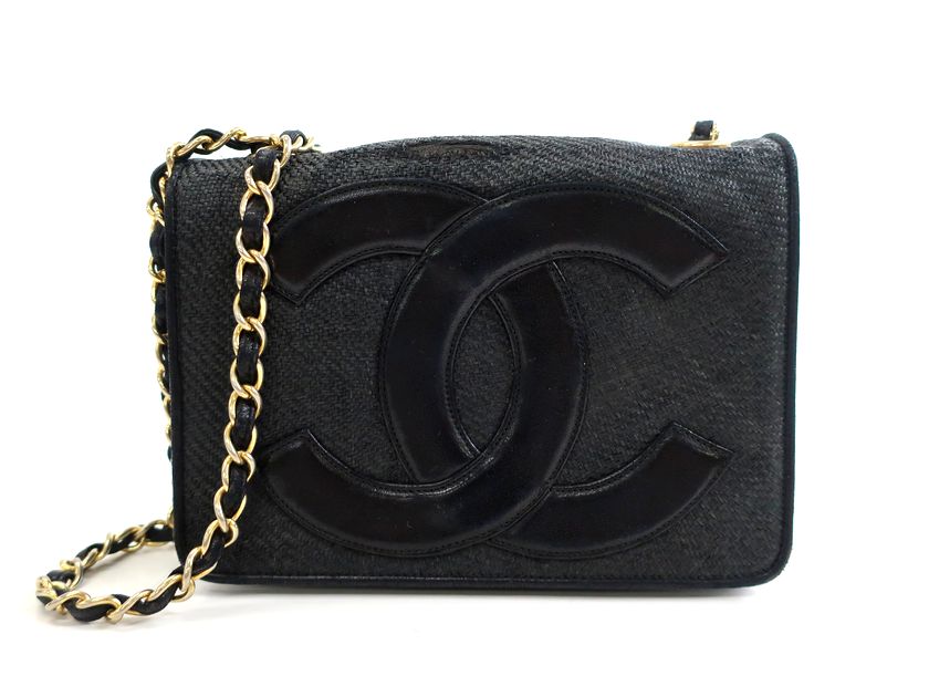 中古 ■CHANEL シャネル イタリア製 ストロー レザーパイピング チェーン ショルダーバッグ 鞄 0893605 ネイビー ▲▼20803k05