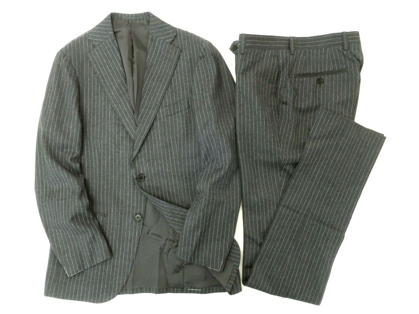 ISETAN MEN'S 伊勢丹メンズ ウール100％ フランネル ピンストライプ 2B ノータック シングルスーツ ジャケット スラックスパンツ IMS92I503 グレー 42-01 44-02 ▲200▼21214k06