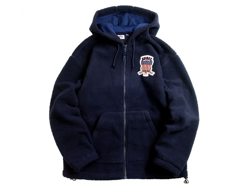 AVIREX アヴィレックス SIGNATURE LOGO ZIP PARKA 刺繍ロゴワッペン ボアフリース ジップパーカー ジャケット 783-3231014 定価1.9万 ネイビー M-01 L-02 XL-03 2XL-04 ▲035▼40207k03