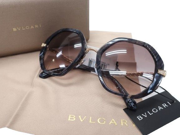 BVLGARI ブルガリ イタリア製 マーブル メタル切替 へプタゴンシェイプ サングラス アイウェア 眼鏡 8242B 定価8.8万 グレー ゴールド 55□21 140▲120▼40319k04