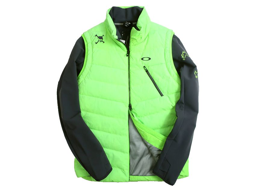 OAKLEY オークリー SKULL SYNCHRONISM DOWN JACKET 2.0 PERFORMANCE FIT FACTORY LITE HYDROFREE Thermotron Airtastic スカル シンクロニズム ダウン ジャケット 412849 定価2.6万 ネオングリーン チャコールグレー M▲073▼40328k06