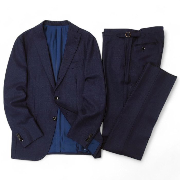 GIVERDYE BEST SELECTION ジバルディ 大賀 日本製 Bulmer & Lumb 英国製生地 ウール100% メランジ バスケット織り ウインドウペン 段返り3B ノータック シングルスーツ ジャケット スラックスパンツ セットアップ 181A9504 ネイビーブルー D6-48▲198▼41220k04