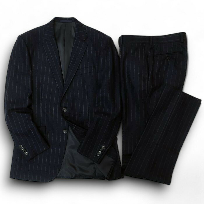GIVERDYE BEST SELECTION ジバルディ 大賀 日本製 VITALE BARBERIS CANONICO 伊製生地 ウール100% チョークストライプ 2B ノータック シングルスーツ ジャケット スラックスパンツ セットアップ 187A8504 ネイビー AL▲074▼50106k01