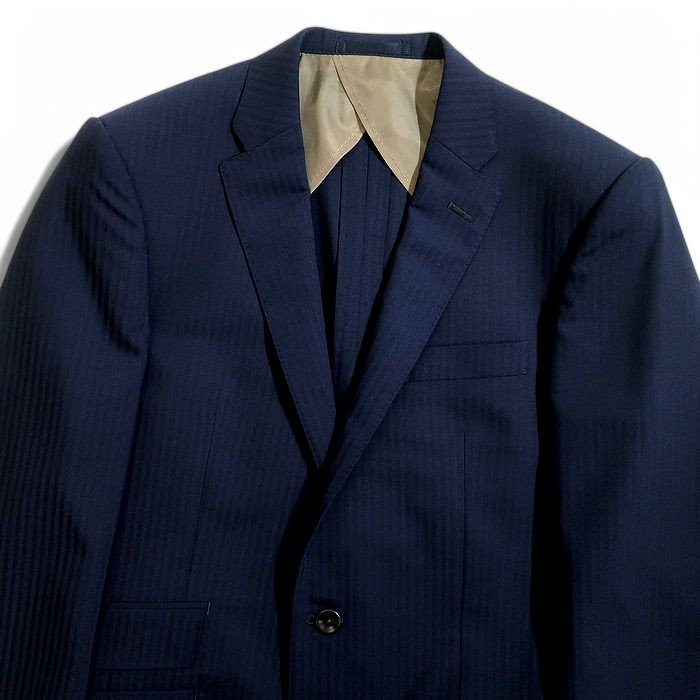 RICHIESTA リキエスタ 大賀 日本製 ウール混 シャドーストライプ 2B 1タック シングルスーツ ジャケット スラックスパンツ 188A9819 ネイビー AL▲074▼50212k06