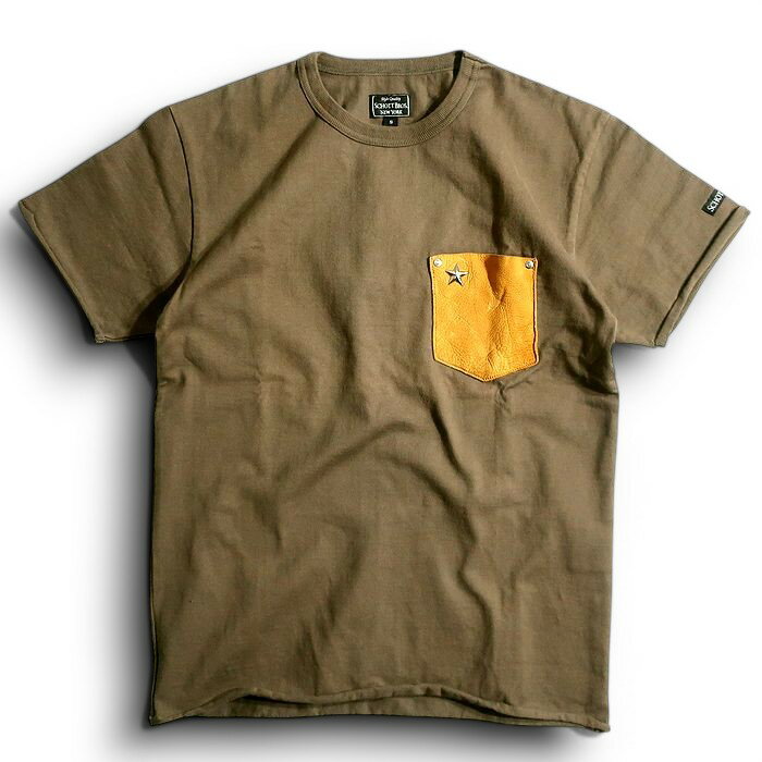Schott N.Y.C. ショット レザー ポケット スタッズ 半袖 クルーネック Tシャツ カットソー 3183001 オリーブ S▲020▼50327k10